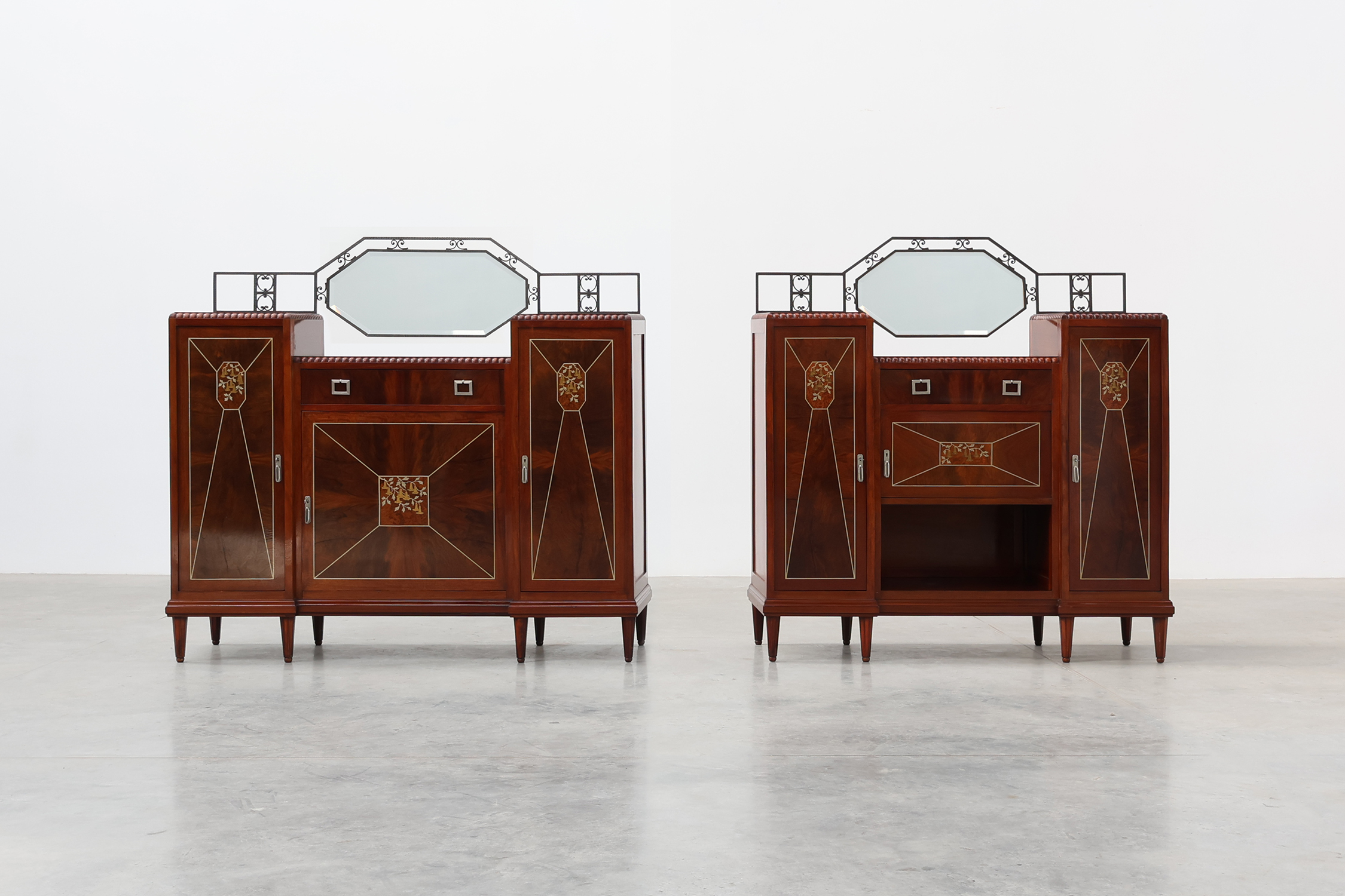 Art Deco marquetry cabinet with wrought-iron mirror crest, Belgium, ca. 1925 thumbnail